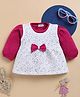 Wonderchild Interlock Woven Floral Printed Bow Applique Detailed Dress With Full Puffed Sleeves Inner Tee - White & Wine