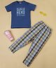 RAINE AND JAINE Cotton Knit Half Sleeves Even A Superhero Has To Go To Bed Text Printed & Checked Night Suit Set - Blue & Yellow