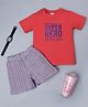 RAINE AND JAINE Cotton Knit Half Sleeves Even A Super Hero Has To Go To Bed Text Printed Tee & Checked Shorts Set - Red & White