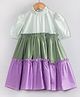 Hugsntugs Cotton Half Puffed Sleeves Colour Blocked Tiered Dress - Green & Purple