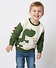 Bonfino 100% Cotton Fleece Knit Full Drop Shoulder Sleeves Colour Block Sweatshirt With Dino Print & Applique - Off White & Green