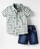 Simply Premium Poplin Woven Half Sleeves Checkered Shirts & Denim Shorts Set with Car Print - Green & Blue