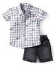 Simply Premium Poplin Woven Half Sleeves Checkered Shirts & Denim Shorts Set with Car Print - Grey & Black