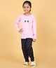 Little Ginnie Cotton Knit Full Sleeves Cat & Polka Dots Printed Night Suit Set - Light Pink