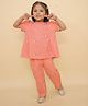 Little Ginnie Cotton Woven  Half Puffed Sleeves Floral Embroidered Kurta Pyjama Set - Peach