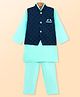 Ridokidz Full Sleeves Solid Kurta & Pyjama With Abstract Embroidered Jacket Set - Sea Green & Navy Blue