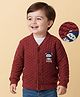 Babyoye Cotton Knit Full Sleeves Front Open Sweater with Bear Design - Dark Red