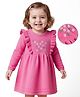 Babyoye 100% Cotton Knit Full Sleeves Woollen Dress with Floral Embroidery & Frill Detailing - Pink