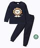 BLUSHES 100% Cotton Knit Full Sleeves Baby Lion Printed Night Suit Set - Navy Blue