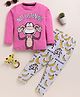Little Marine Cotton Knit Full Sleeves Not Listening Text & Monkey Printed Night Suit Set - Fuchsia
