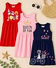 KUCHIPOO Cotton Knit Pack Of 3 Sleeveless Hearts & Typography Printed Dresses - Red Navy Blue & Pink