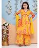 Bitiya By Bhama Silk Woven Three Fourth Sleeves Floral Printed Gota Lace & Sequins Embellished Anarkali Style Kurta Sharara With Dupatta Set - Yellow