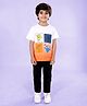 Kiddopanti Cotton Knit Half Sleeves Ombre & Hands Printed Tee & Denim Jeans - White Neon Orange & Black