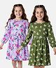 Honeyhap Premium 100% Cotton Knit Bio Finish Full Sleeves Frocks with Floral Print and Bow Applique Pack of 2 - Lavendula & Ceddar Green