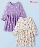 Honeyhap Premium 100% Cotton Knit With Bio Finish Full Sleeves Frocks With Floral Print & Bow Applique Pack of 2 - Gardenia & Pastel Lilac