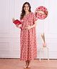 Bella Mama Cotton Woven Half Sleeves Maternity Nursing Nighty with Floral Print - Red