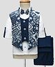 Radutu Full Sleeves Damask Printed 3 Piece Party Suit Set With Bow & Cap Set - Blue & White