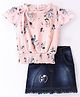 Enfance Short Sleeves Floral Printed Top With Denim Skirt - Peach