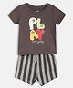 MINI KLUB Cotton Knit Half Sleeves Play Everyday Text Printed Tee & Striped Shorts Set - Charcoal