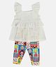 MINI KLUB Cotton Knit Sleeveless Self Design Top & Floral Printed Leggings Set - White & Blue