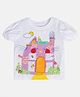 MINI KLUB Cotton Knit Half Puffed Sleeves Cat House Printed Top - White & Pink
