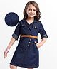 Hola Bonita Cotton Woven Full Sleeves Knee Length Solid Denim Dress with Belt - Navy Blue
