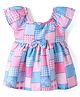 Teddy Woven Half Sleeves Printed Frock With Bow Applique - Pink & Blue