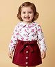 Babyoye Cotton Woven Full Sleeves Front Open Top & Skirt Set With Floral Print - White & Red