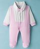 Child World Interlock Knit Full Sleeves Striped Footed Romper With Bow - Pink & White