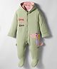 Child World Cotton Knit Full Sleeves Footed Hooded Sleep Suit With Dino Patch Embroidery - Olive Green