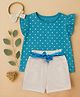 PURPLE UNITED KIDS Poplin Knit Frill Sleeves Hearts Printed Top & Belted Shorts Set - Blue & White