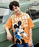 Pine Kids Disney Single Jersey Knit Oversized Drop Shoulder Half Sleeves T-Shirt With Mickey Mouse Graphics - Orange