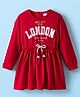 Babyhug Cotton Knit Full Sleeves Winter Frock with London Print & Cinched Waist - Red