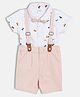 MINI KLUB Cotton Woven Half Sleeves Cars Embroidered Shirt & Shorts With Bow & Suspender Set - White & Pink