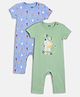 MINI KLUB Cotton Knit Pack Of 2 Half Sleeves Hippo & Caps Printed Rompers - Blue & Green