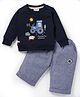 Ollypop Cotton Knit Full Sleeves T-Shirt & Pant Set with Tractor Print - Navy Blue