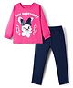 Doodle Poodle 100% Cotton Knit Full Sleeves Top & Lounge Pant Set with Bunny Print - Pink & Navy Blue