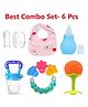 NeonateCare combo of must have essentials - ( 1 white finger brush, 1 bibs, 1 blue nose cleaner, 1 blue fruit feeder, 1 green ring teether, 1 orange Fruit teether)