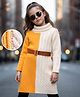 Hola Bonita Knit Full Sleeves Half & Half Woolen Dress with Cable Knit Design & Belt - Yellow & White