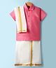 Dapper Dudes Cotton Silk Woven Half Sleeves Solid Shirt & Mundu With Geometric Foil Printed Angavastram Set - Fuchsia Pink