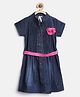 StyleStone Denim Woven Half Sleeves Mild Washed Dress With Belt & Floral Brooch Set - Blue & Pink