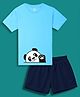 NUSYL Cotton Blend Knit Half Sleeves Panda Printed Tee & Shorts Set - Blue & Navy Blue
