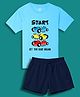 NUSYL Cotton Blend Knit Half Sleeves Cars Printed Tee & Shorts Set - Sky Blue & Navy Blue