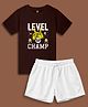 NUSYL Cotton Blend Knit Half Sleeves Level Up Champ Text Printed Tee With Solid Shorts Set - Brown & White