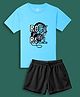 NUSYL Cotton Blend Knit Half Sleeves Rock & Roll Text Printed Tee & Shorts Set - Sky Blue & Black