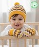 Babyhug Organic Cotton Woollen Knit Cap & Mittens Set with Fair Isle Design Mustard - Diameter 17 cm