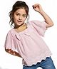 Arias Cotton Woven Half Flutter Sleeves Schiffli Top with Bow Applique - Pink
