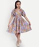 Tilism Cotton Knit Half Puffed Sleeves Floral Printed Dress - Multi Colour