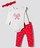 Bonfino 100% Cotton Full Sleeves Bow Printed Onesies With Leggings & Headband - Red & White