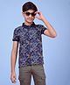CRIMSOUNE CLUB Cotton Woven Half Sleeves Leaves Printed Polo Tee - Blue